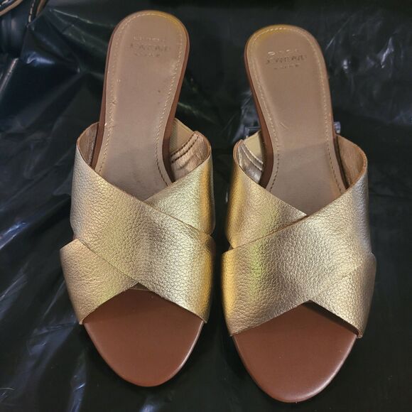 NIB Joan&David Gold Cireca Luxe Criss Cross Wedgr Slides Sz 8M - Picture 1 of 9